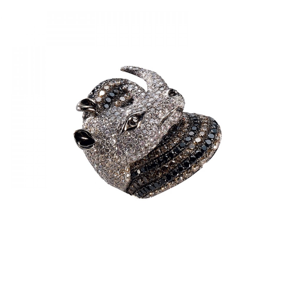 KESSARIS Black, White & Brown Diamond Rhinoceros Ring DAE81319