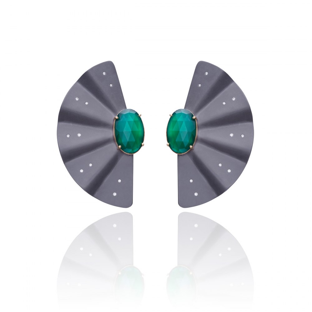 ANASTASIA KESSARIS Geisha Graphite Titanium Diamond Emerald Earrings Extra Long SKP170576