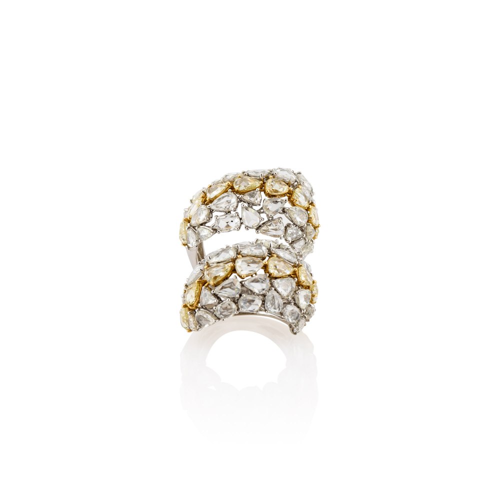 KESSARIS Yellow & White Rose Cut Diamond Double Row Soft Ring DAE131911