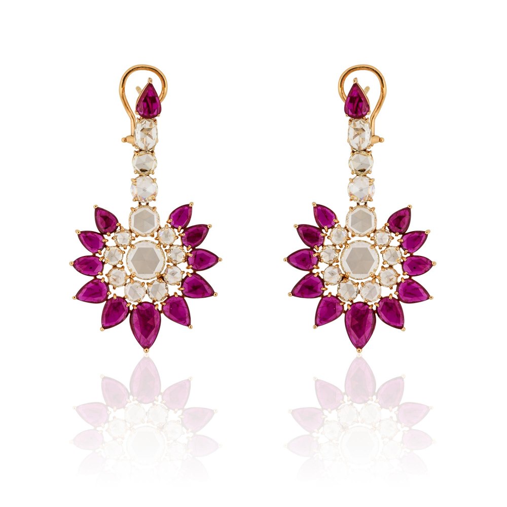KESSARIS Ruby & Rose Cut Diamond Fan Drop Earrings SKE151648