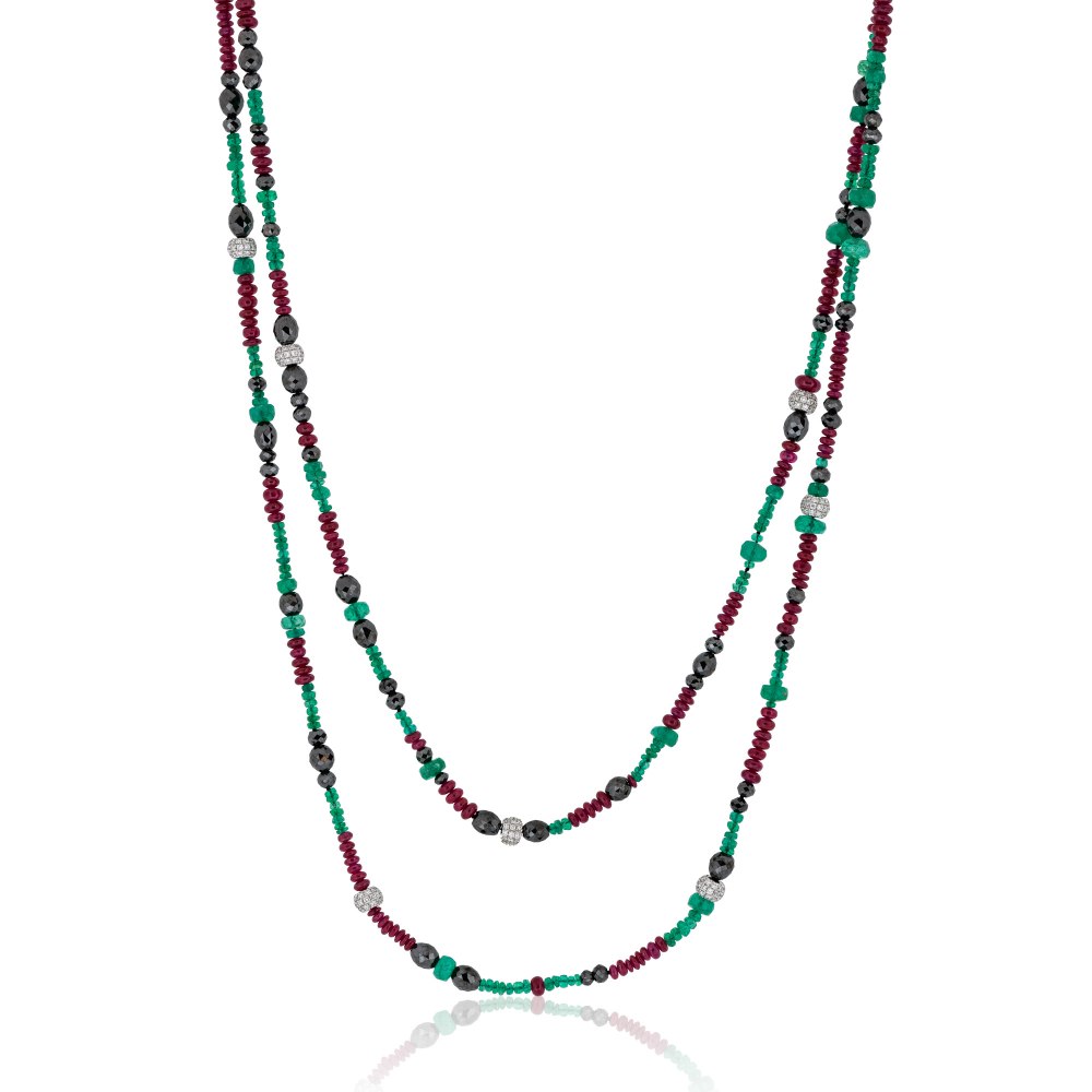 KESSARIS Emerald, Ruby & Diamond Beads Necklace KOP133179