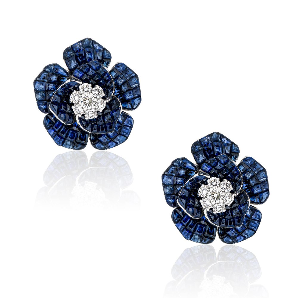 KESSARIS Sapphire & Diamond Flower Earrings SKE192901