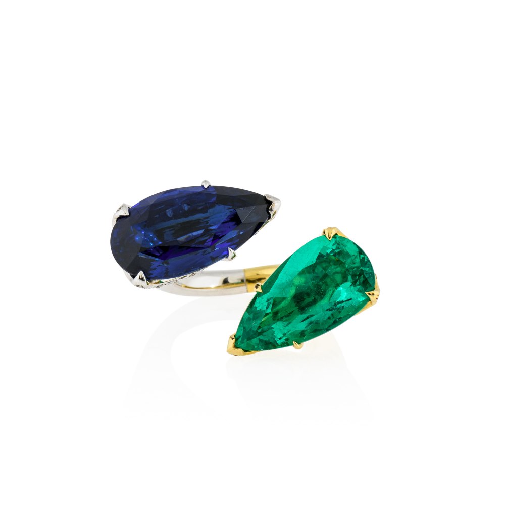 KESSARIS Sapphire & Emerald Statement Ring M4226