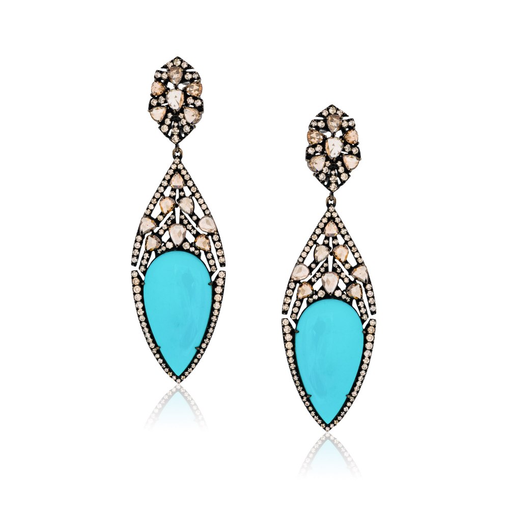 KESSARIS Turquoise Tear and Diamond Drop Earrings SKE150908
