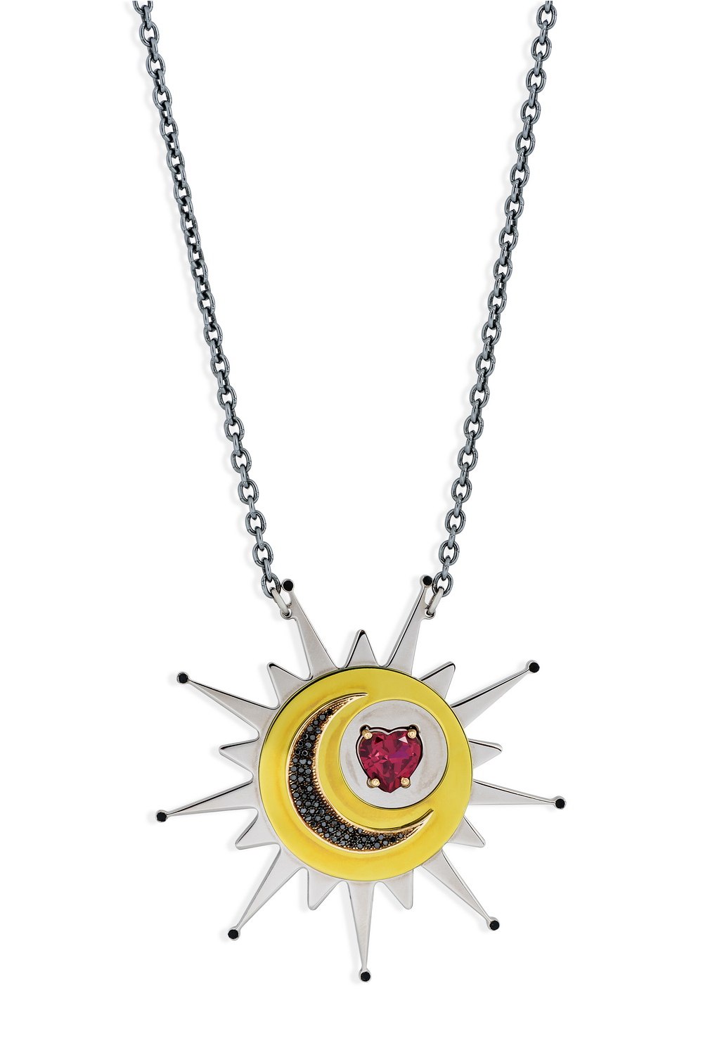 Red Heart Sun Pendant Necklace With Black Diamond Moon