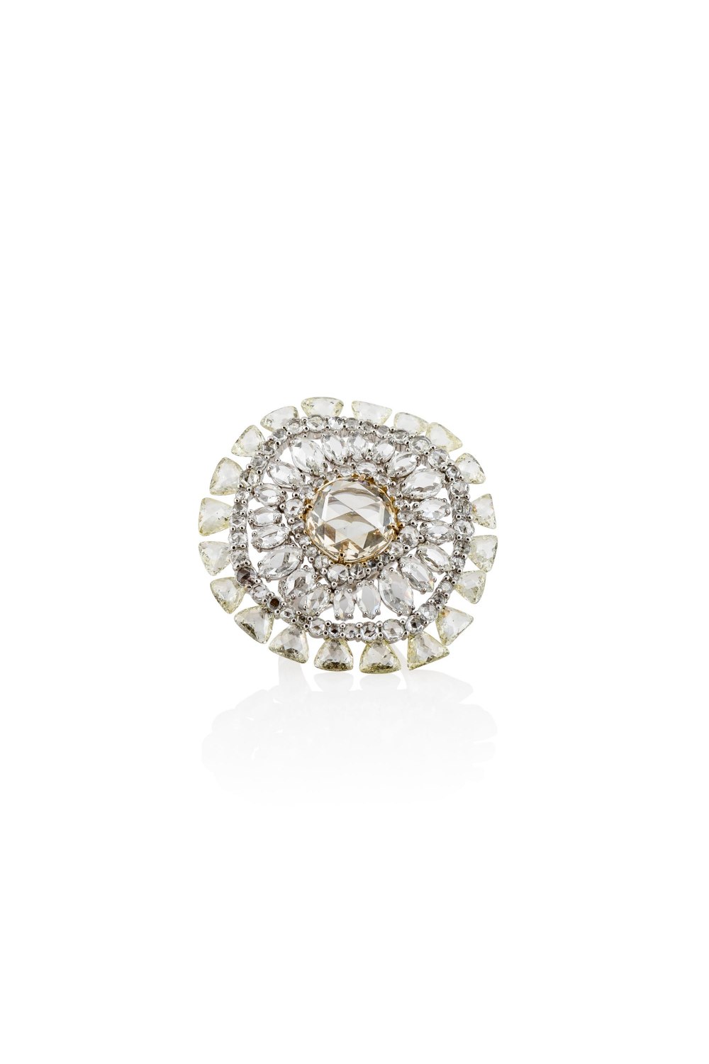 Round Fancy Shape Rose and Brilliant Cut White and Yellow Diamond Ring