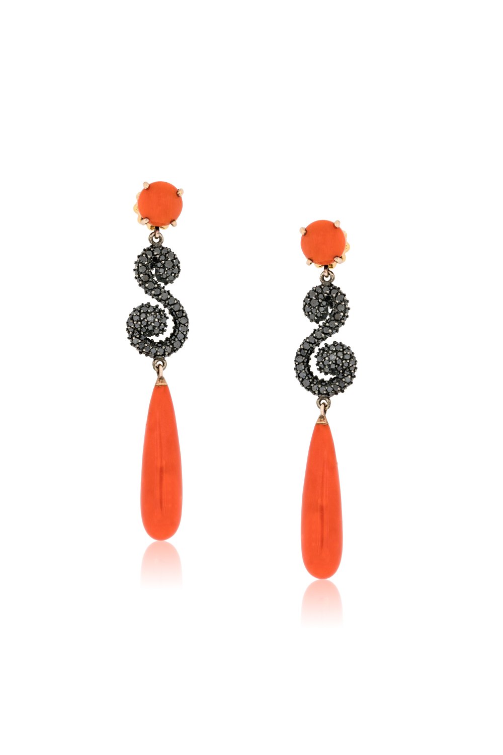 Coral & Black Diamond Dangle Earrings
