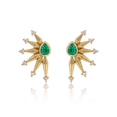 KESSARIS - Golden Rays Diamond Emerald Earrings