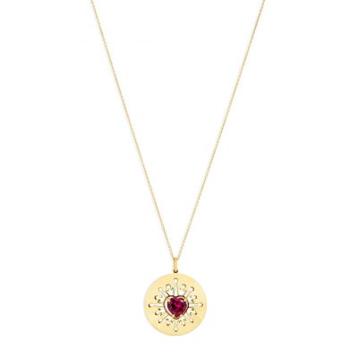 Red Heart In Round Yellow Pendant Necklace with Ray Cut-Outs