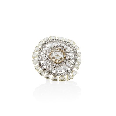 Round Fancy Shape Rose and Brilliant Cut White and Yellow Diamond Ring