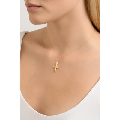 Kessaris-Yellow Gold Diamond Cross Necklace-Model
