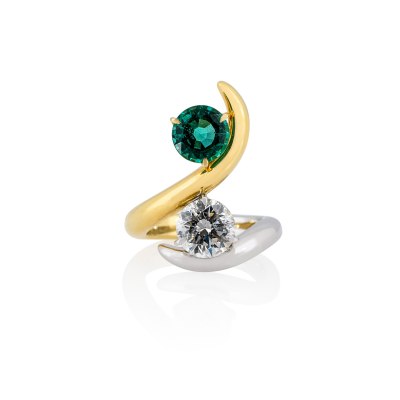 Yellow & White Gold Wrap Brilliant Diamond Emerald Ring