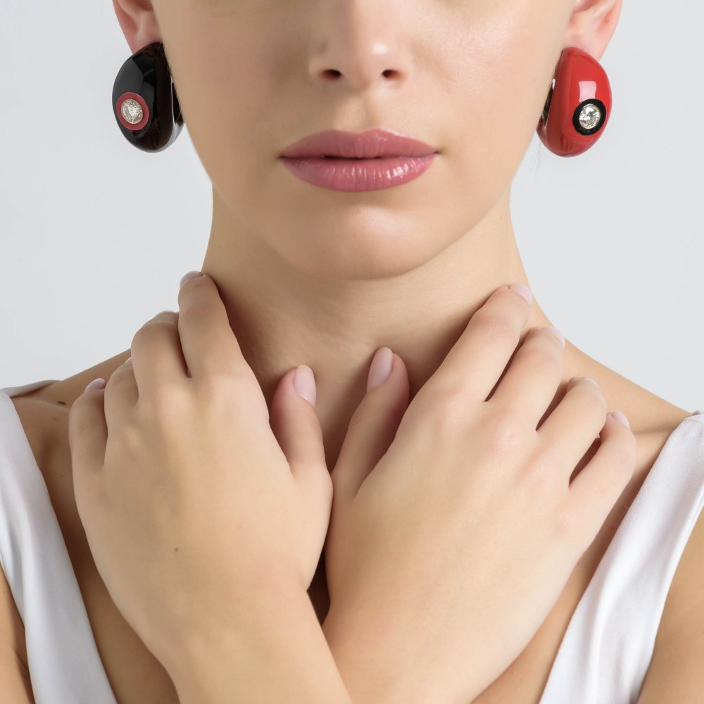 Black & Red Enamel Diamond Earrings