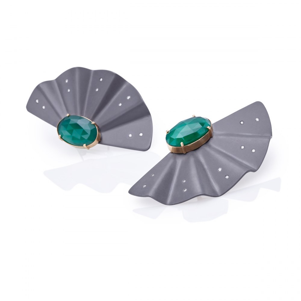 Geisha Graphite Titanium Diamond Emerald Earrings Extra Long