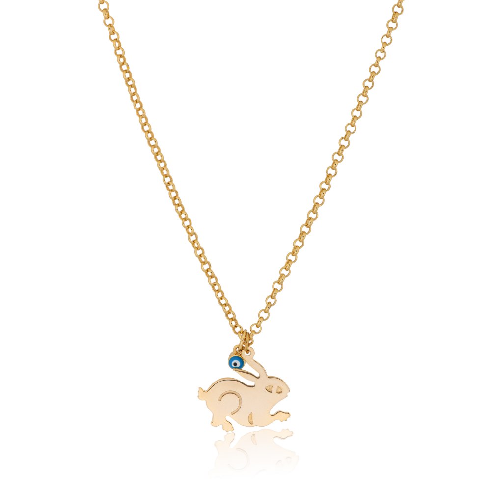 KESSARIS - Lucky Charm 2023 Hopping Rabbit Blue Evil Eye Necklace Gold Plated