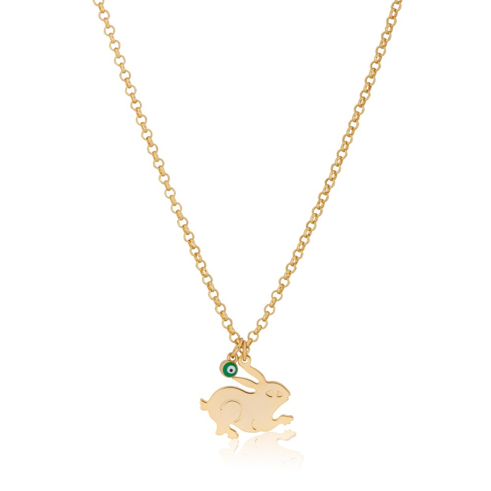 KESSARIS - Lucky Charm 2023 Hopping Rabbit Green Evil Eye Necklace Gold Plated