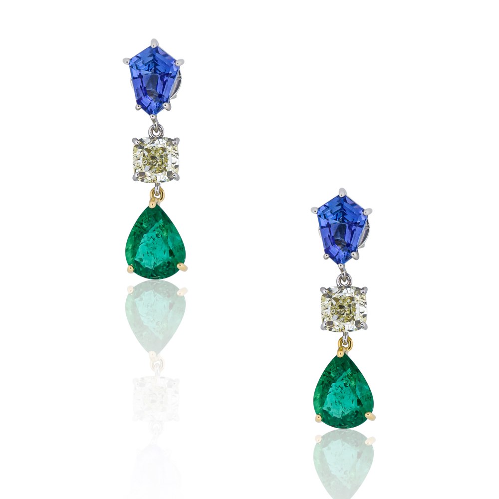 ANASTASIA KESSARIS - Sapphire Diamond and Emerald Drop Earrings