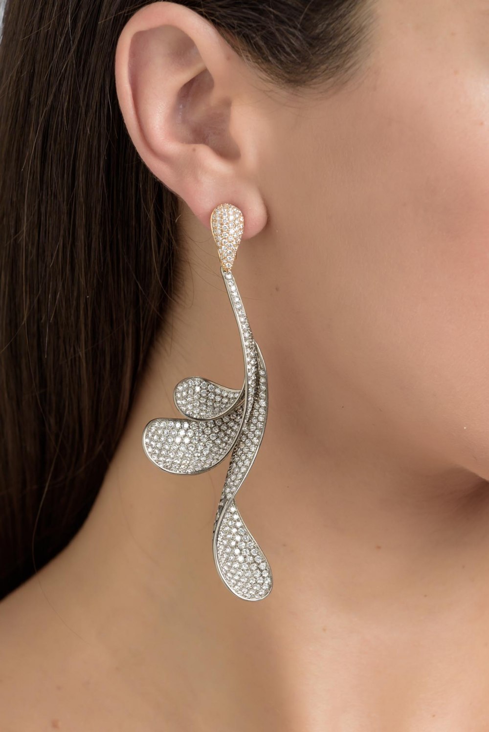 Hanging Wavy Petals Full Pave Diamond Earrings