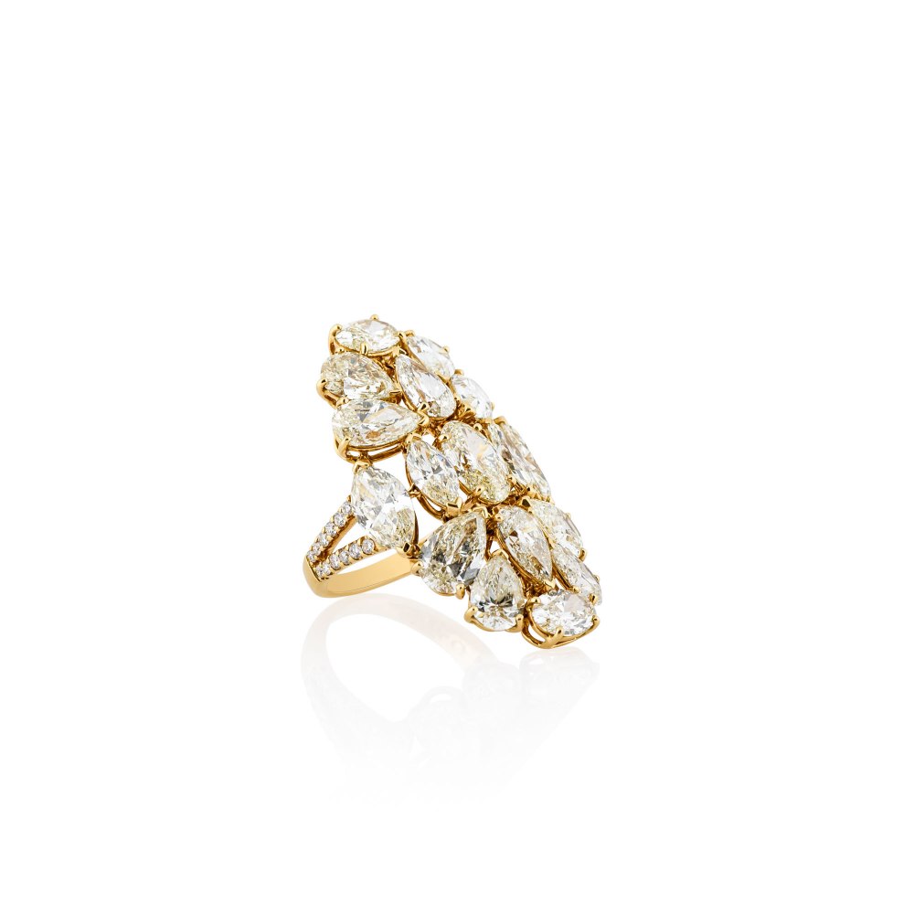Marquise, Pear and Oval Cut Cluster Yellow Diamond Ring