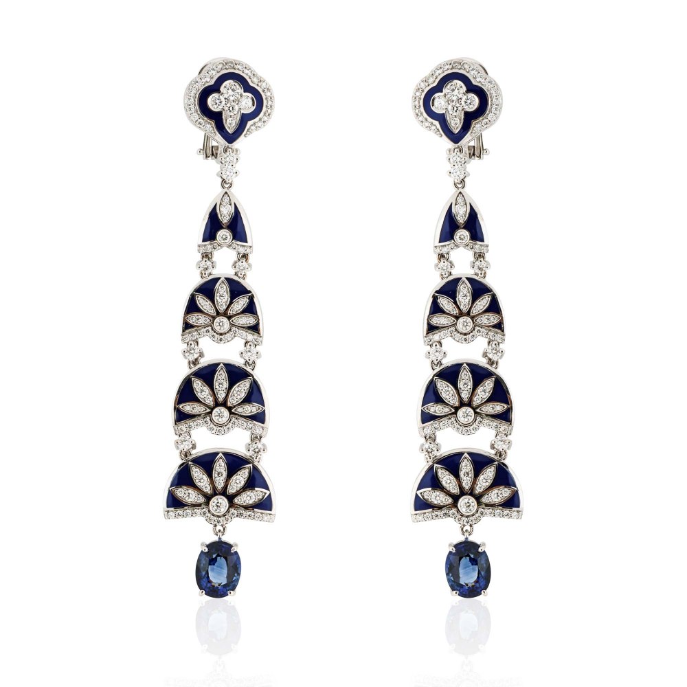 Blue Enamel Ornamented Chandelier Diamond and Sapphire Earrings