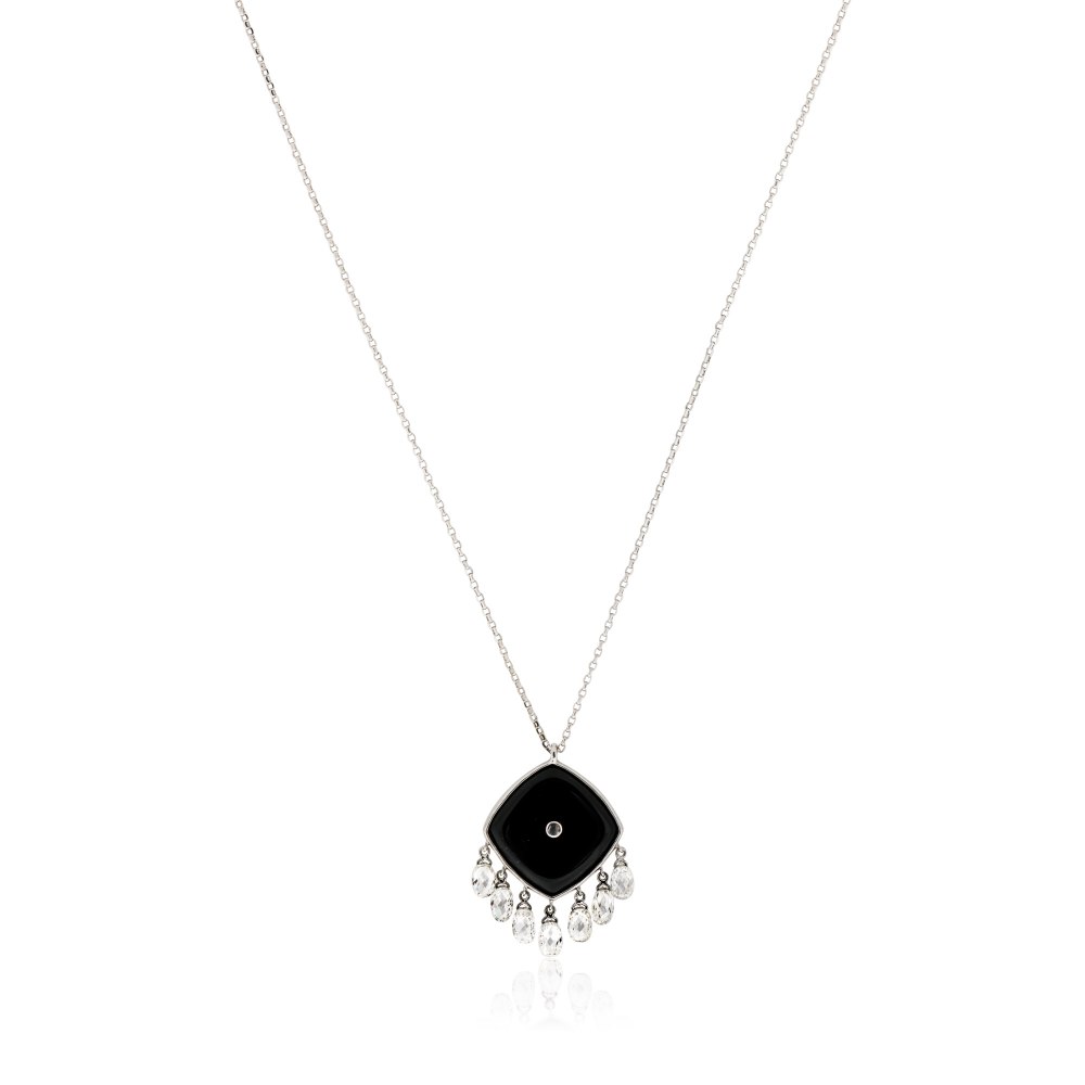 Kessaris-Black Onyx Diamond Square Pendant Necklace