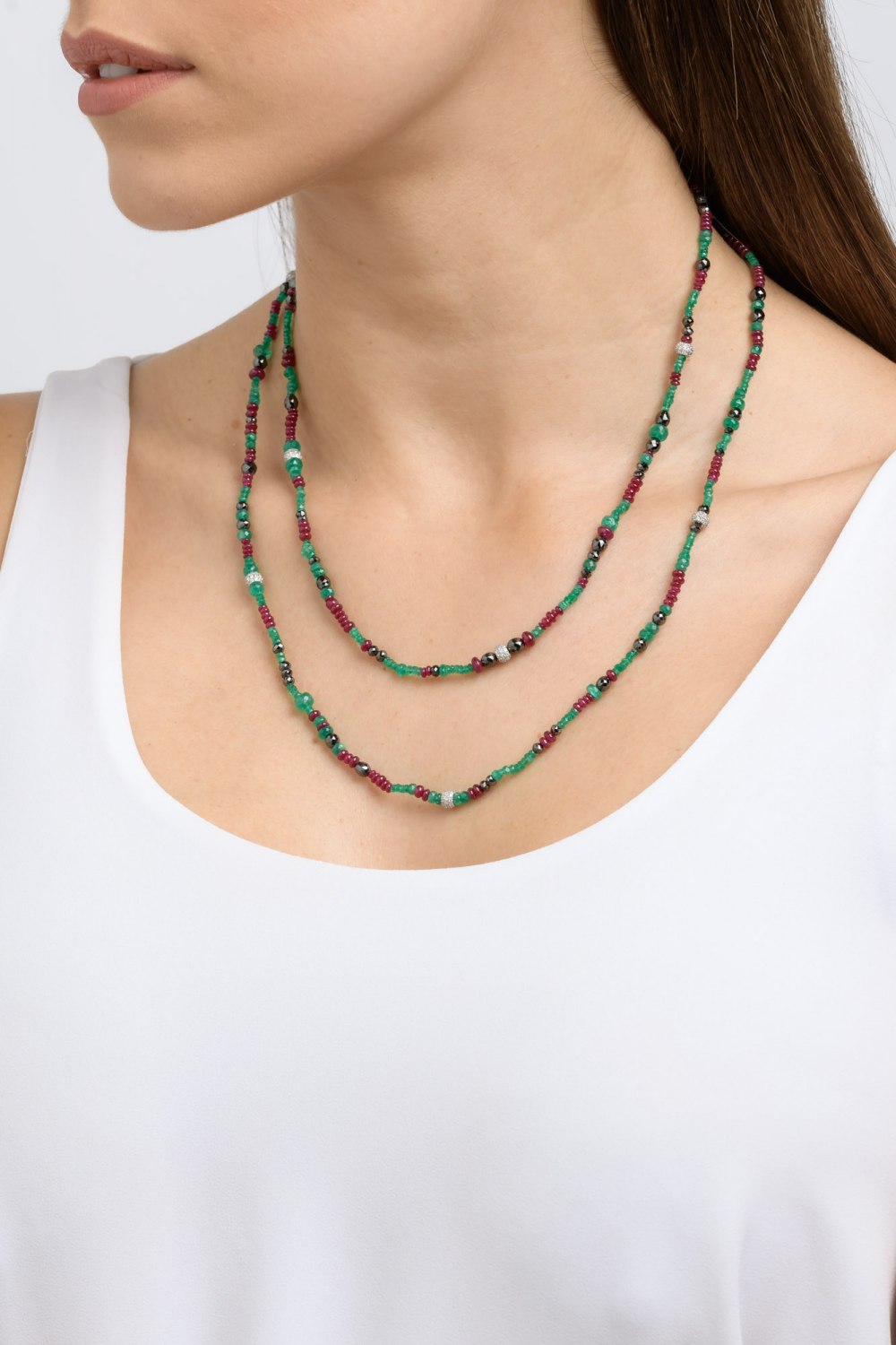 Emerald, Ruby & Diamond Beads Necklace