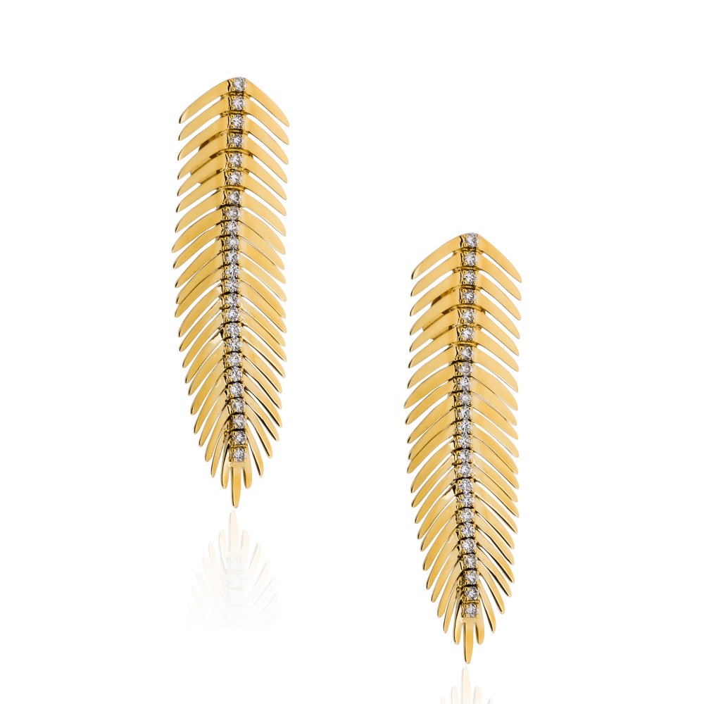 Kessaris-Gold Diamond Feather Earrings