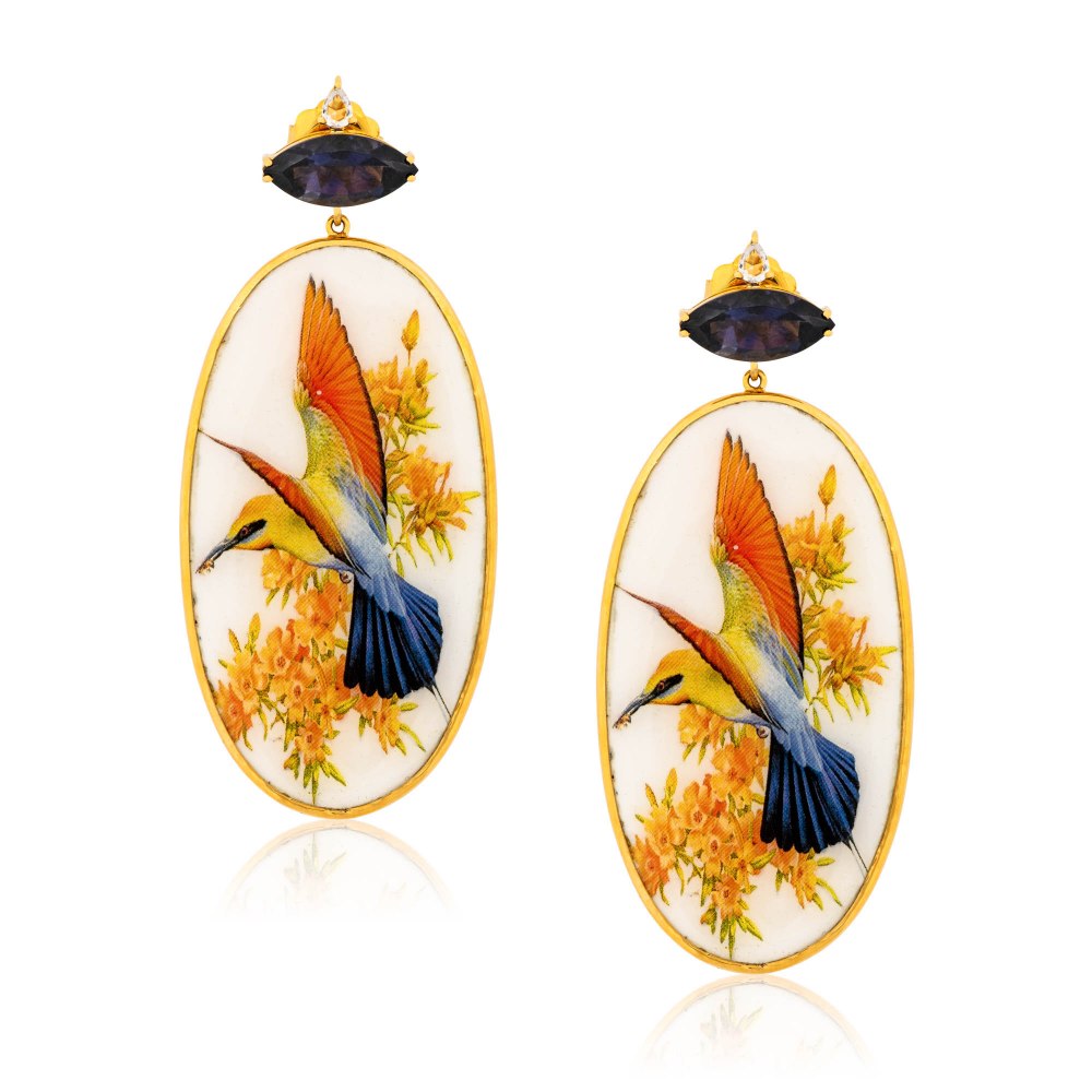 Hand-painted Bird Gold Earrings