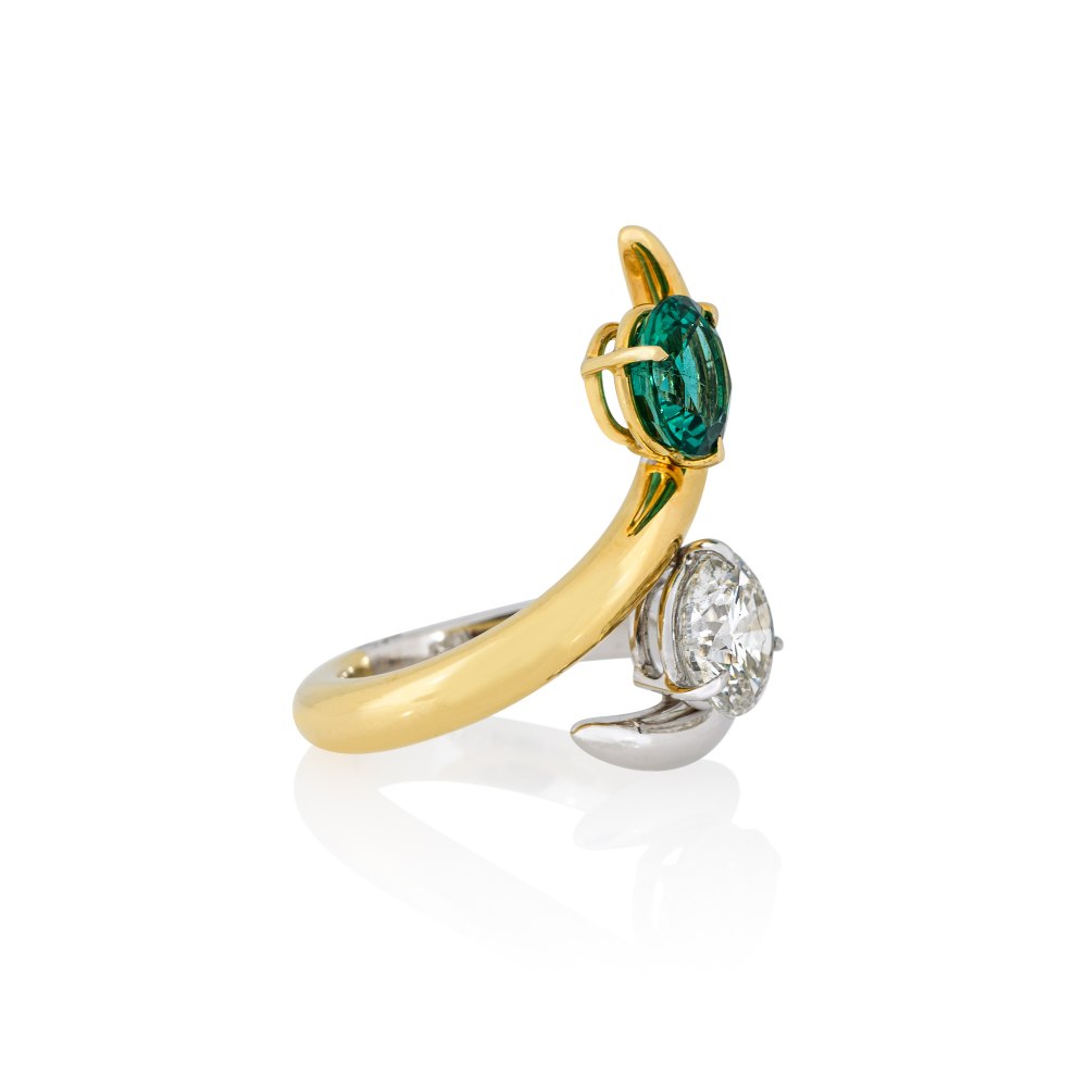 Yellow & White Gold Wrap Brilliant Diamond Emerald Ring